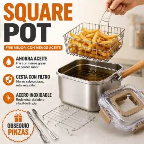Olla cuadrada acero con cesta y pinzas