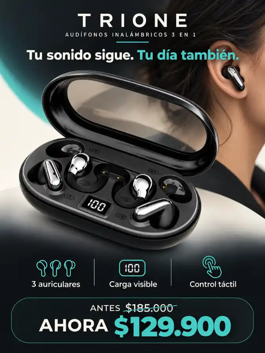Trione — el audífono inalámbrico premium 3 en 1 que se adapta a cualquier momento y nunca te deja sin batería